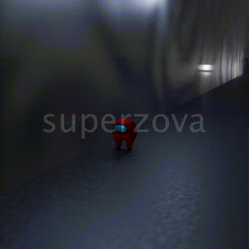 the among us crewmate from earlier doing a lil run down a hallway. made in blender